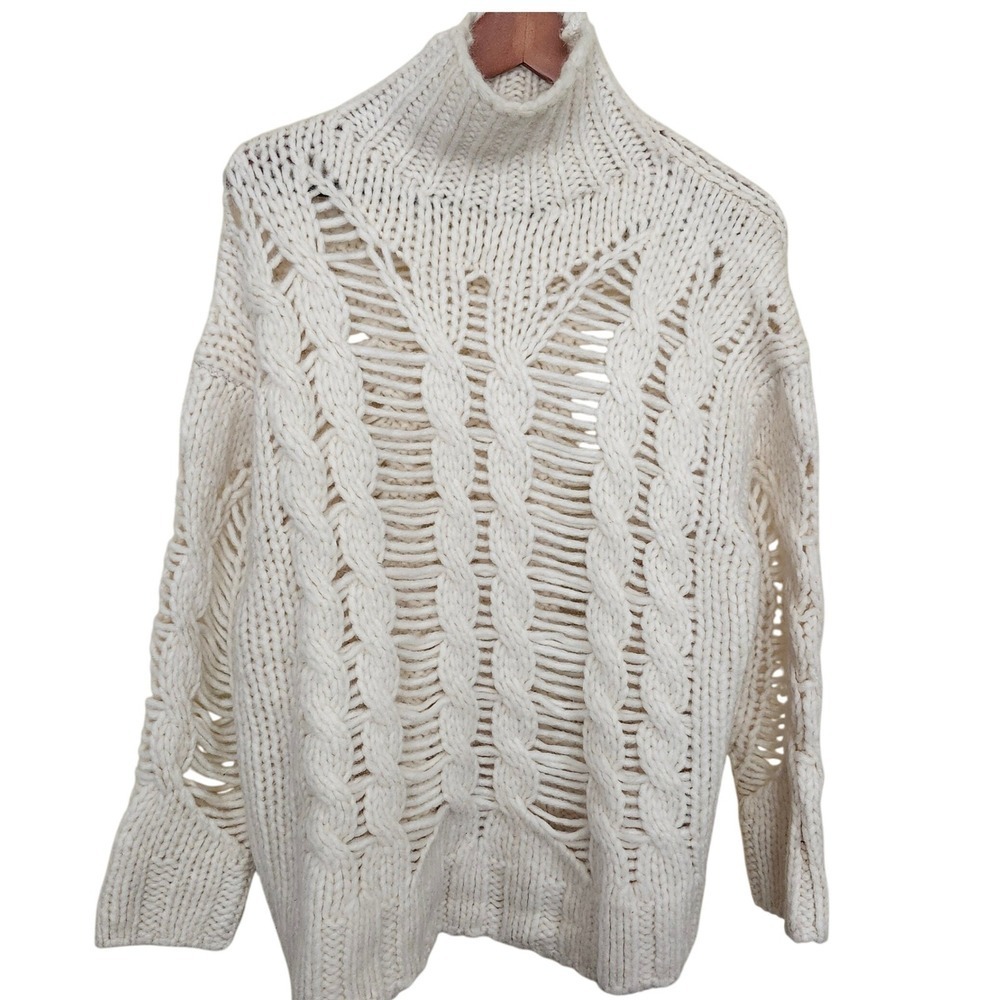 Zara Cable Knit Turtleneck Sweater Womens Size M Cream Open Knit Chunky Pullover